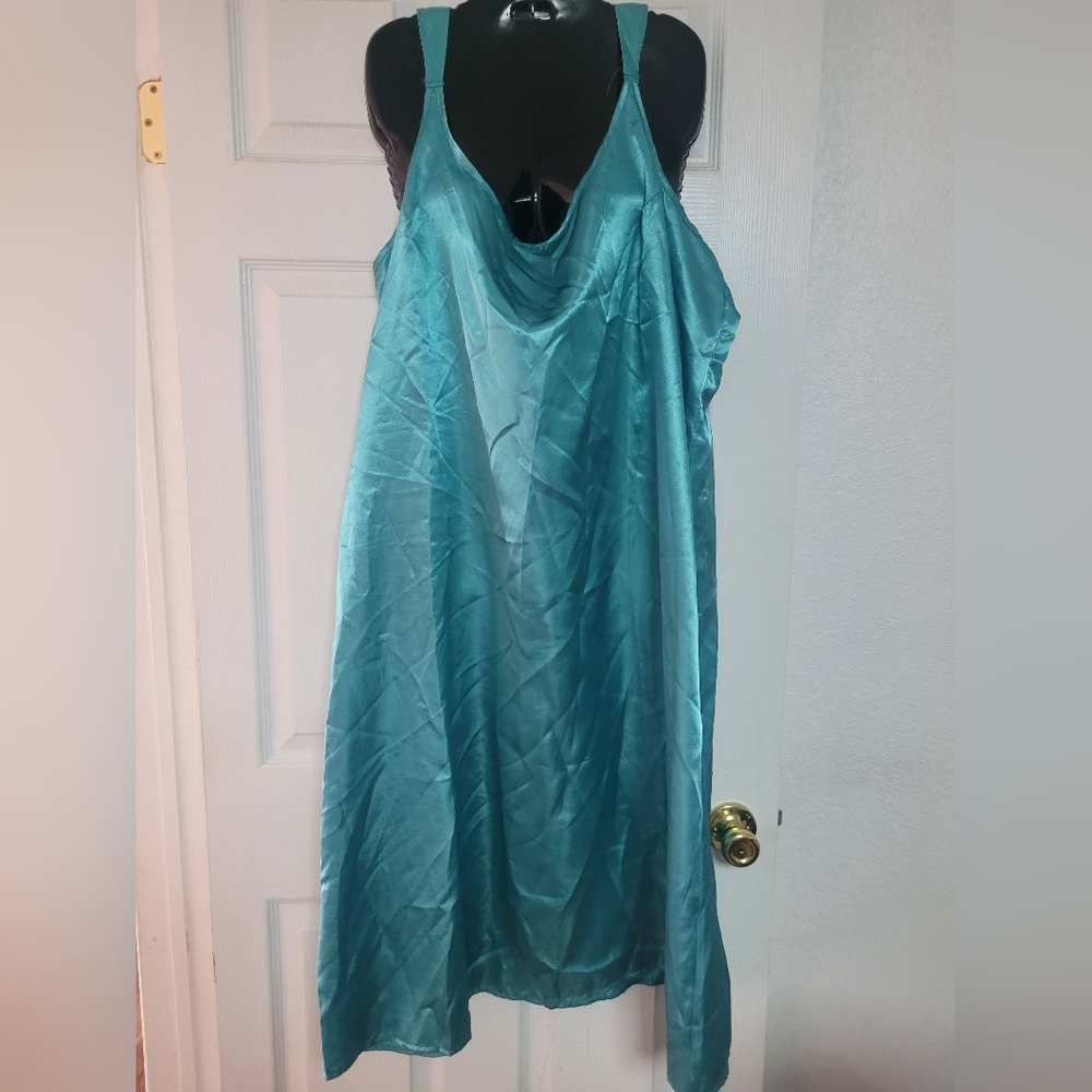 Vintage Midnight Velvet 1x Teal Satin Slip Dress
